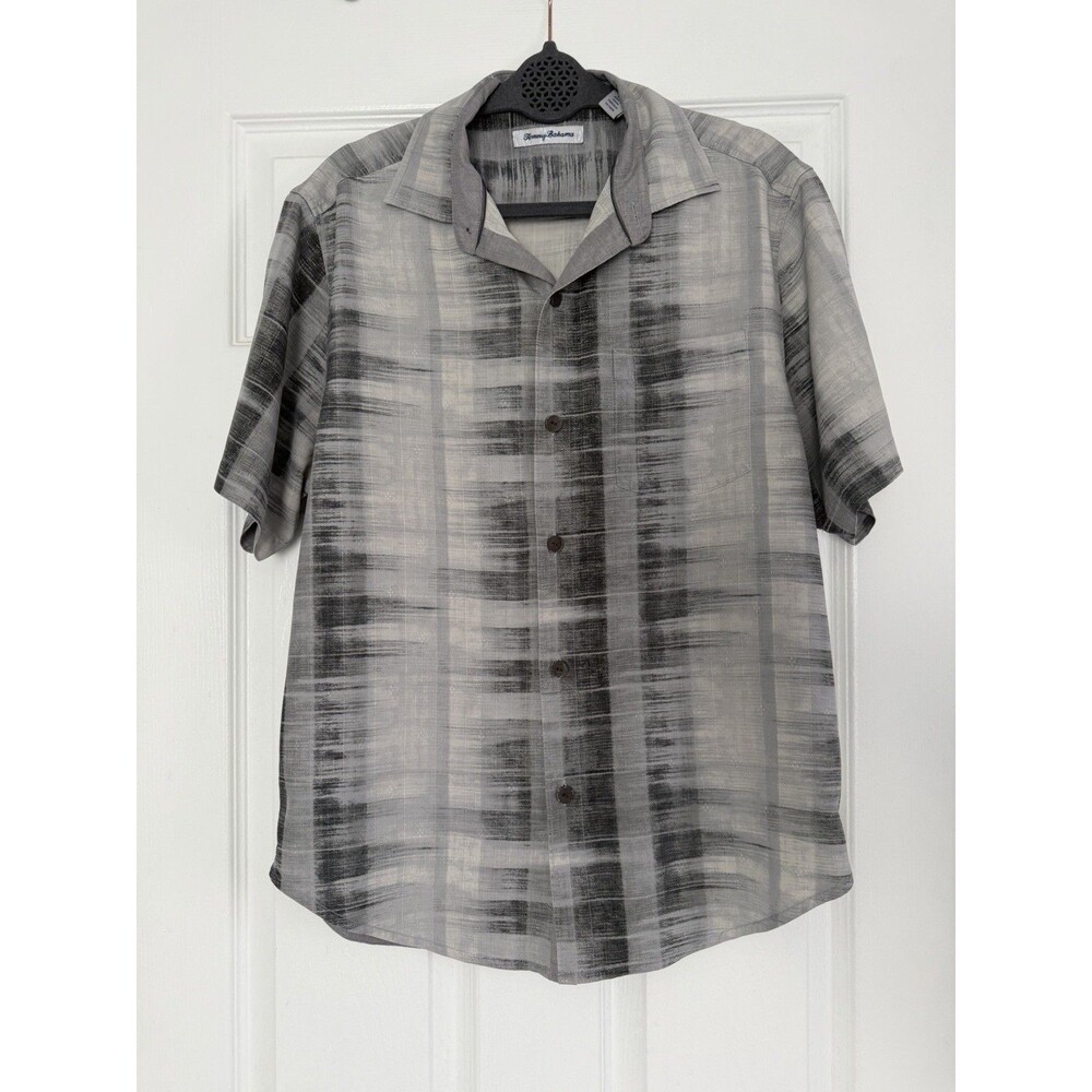 Tommy Bahama 100% Silk Camp Shirt Gray Abstract Plaid Button Front Men’s Small